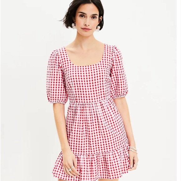 Gingham Tie Back Flounce Swing Dress Red - Picture 1 of 2